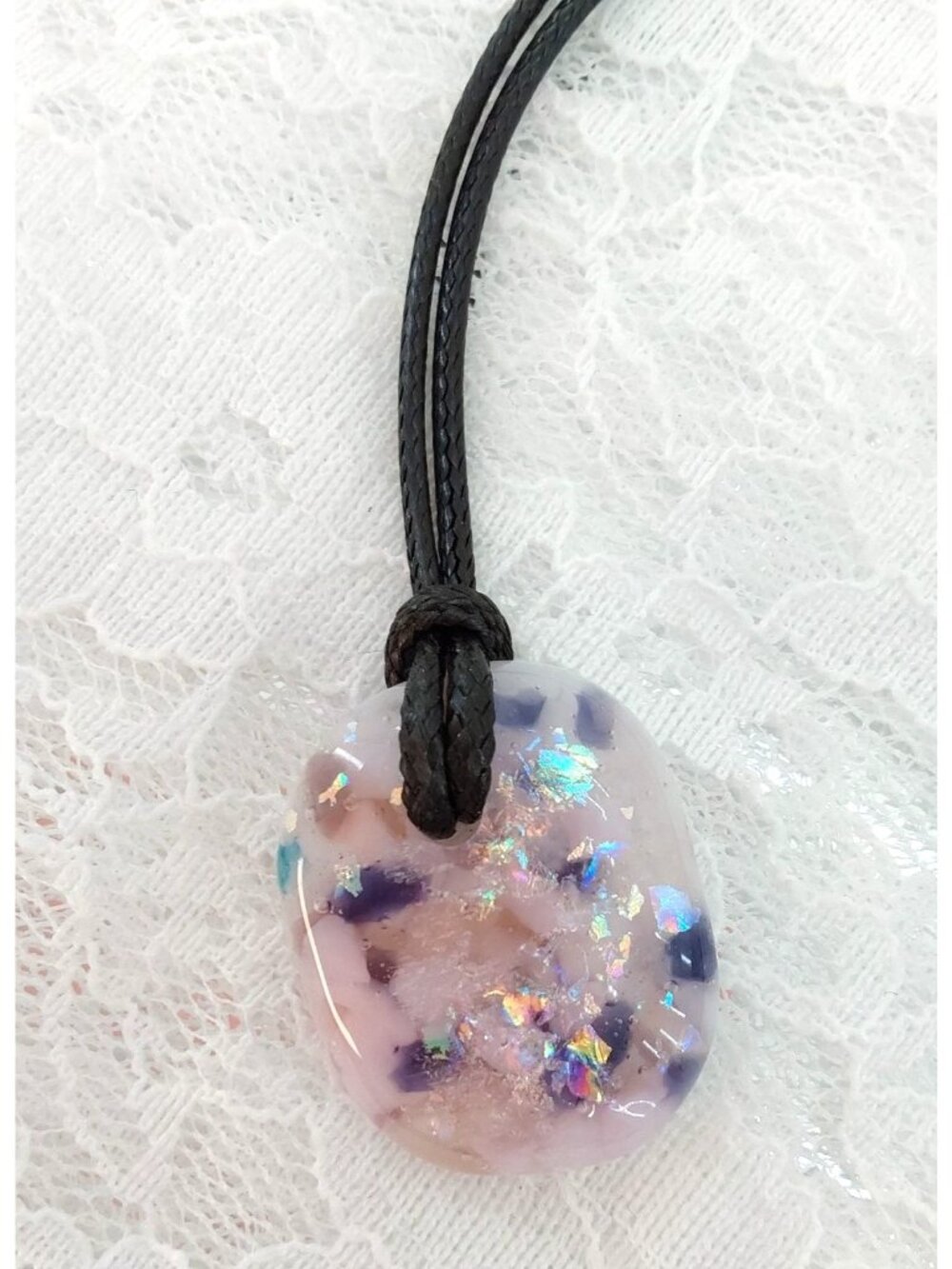 Fused Glass White Glass with Pink/Purple/White - Handmade Jewelry Necklace Penda